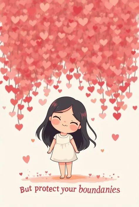 Prompt:
"A whimsical and heartwarming illustration featuring a cute chubby  with long flowing dark hair, wearing a simple white dress. She stands cheerfully under a cascading mound of vibrant pink heart-shaped leaves, creating a gentle, protective canopy a...