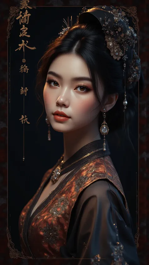 ( Masterpiece), ( top quality), ( illustration ), ( very detailed), ( high resolution), nothing ,  one girl,  China Dress, hat,  necklace,   jewelry,  beautiful face,  Photorealistic,  dark studio, Rim lighting,  Two-tone Writing ,  8K Ultra HD ,  digital ...