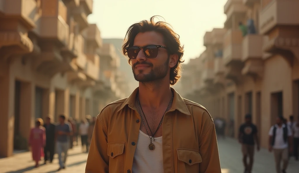 I want to create a thirty-second clip of a handsome man passing through the streets of the city of Sanaa. He smells attractive. People welcome him and want him to stay with them because his smell is very good. He feels happy and they feel good about him