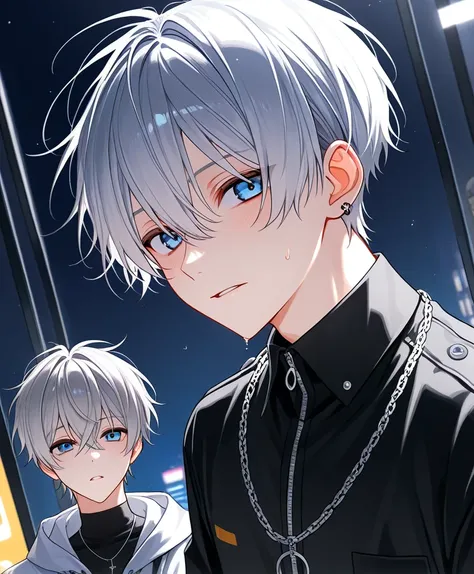  alone, 1 male,   Silver Hair,   blue eyes, short hair、Costume