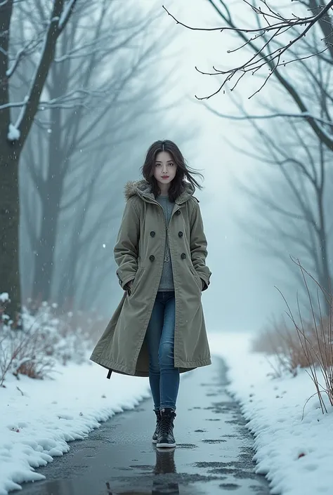 A young woman walks in the rain with snow