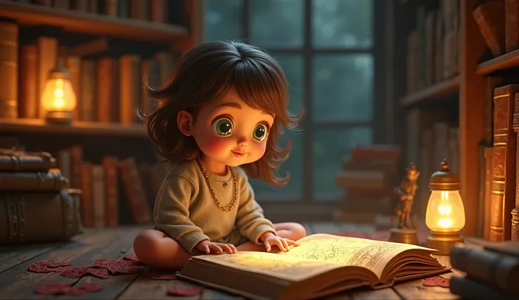 A  baby girl with big green eyes and brown hair, wearing blue pants, sits in a cozy, dimly lit old library. She is holding a dusty, ancient book, with a magical glowing map appearing as she opens it. Her expression is one of awe and curiosity. The bookshel...