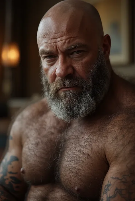 8K Very Lifelike Best Highest Realistic very Realistic real 8K very detailed highly photorealistic very detailed very lifelike photo of a Very Sexy handsome big bearded and rugged hairy burly muscular beefy buff bulked up bald daddy bear man, Real 39 years...