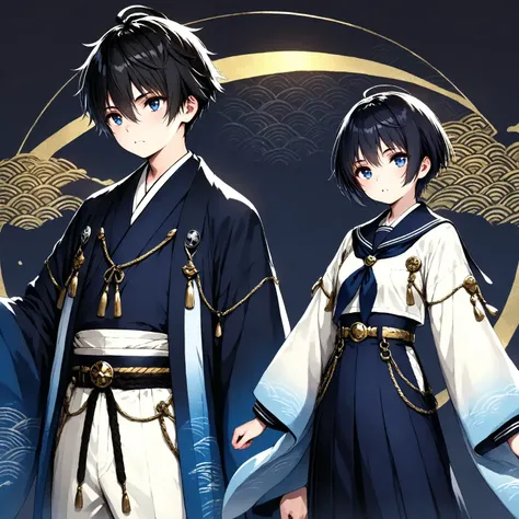 (masterpiece, best quality), 
1boy   ,Shinkai Nagi,black short hair,blue eyes,haori with white to midnight blue gradient, wide kimono sleeves, gold seigaiha wave pattern near sleeve cuffs, furisode-style sleeves, sailor uniform, 
(navy jogger pants), gold ...