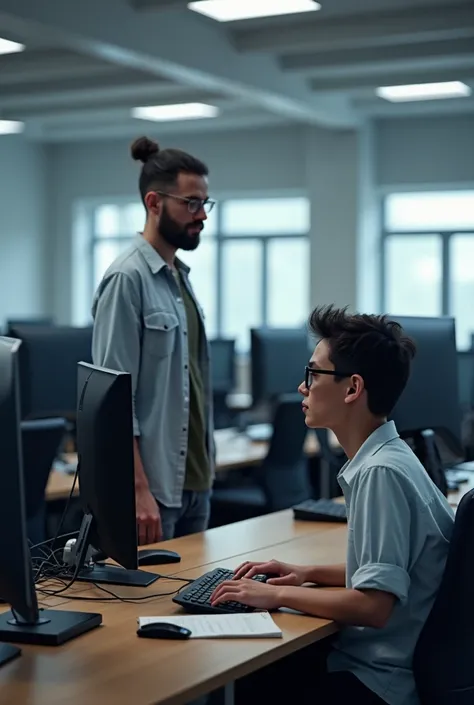 There was one computer, one student, along with a teacher standing there teaching. The background was a large classroom with computers arranged in an orderly manner.