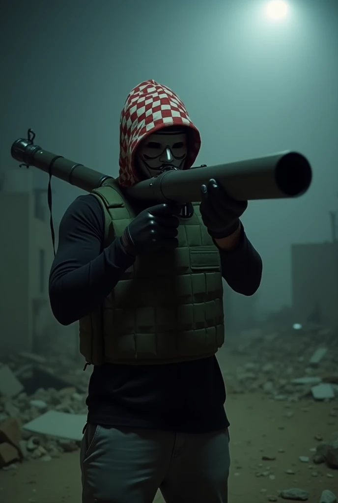 Anonymous masked man,very small checkered hood with a combination of red and white,black long sleeve casual t-shirt,army green bulletproof vest,black leather gloves,3/4 pants in gray,Aiming pose to shoot using the RPG rocket launcher weapon on one shoulder...