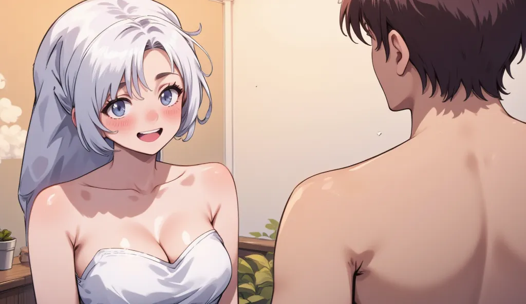 Manga style, in the background a woman in towel look surprisd, eyes and mouth wide open, laughing  and blushed red shy face, in the foreground a back biew on a man wearing just a towel, the woman looks down at the man's towel bottom