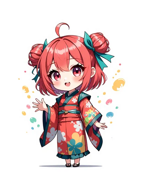 ( chibi:1.4), chibi character, chibi style, toe, (cwhite background:1.4),full body,masterpiece, high quality, 4K, HDR,, A girl with frills, anime style, Ninja、 with a cheerful smile、 opens your mouth wide、 simple background、Japanese style、 red kimono、Smal...
