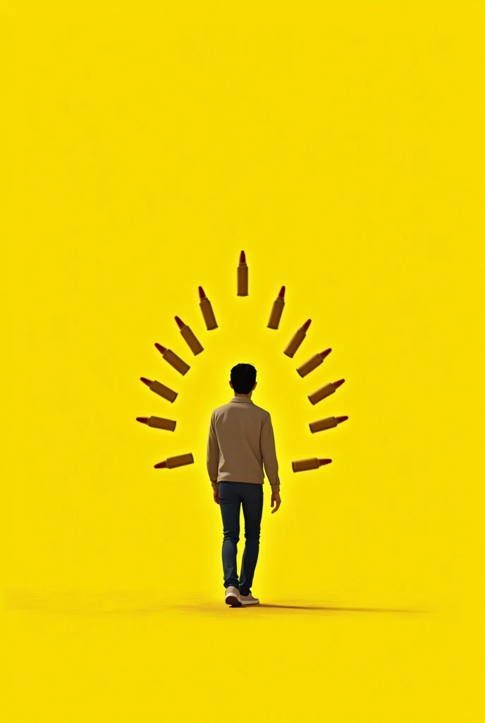 Create a 3-second loopable animation with a bright, vibrant yellow background, featuring a subtle rough texture. In front of the background, animate a person walking towards the screen with a calm expression, using a subtle stride. Ensure the person's move...