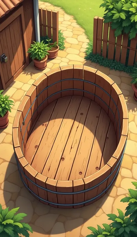 big wooden empty tub from upper angle in cartoon