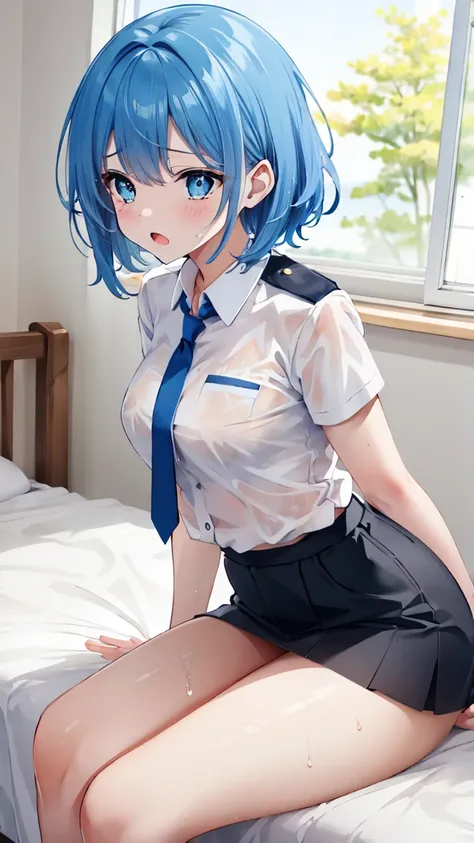 A woman with blue hair and pretty eyes 　Underwear is faintly visible from the white, wet shirt　 wearing a uniform　 miniskirt　In bed　 embarrassed face　I&#39;m teary-eyed　Beautiful thighs, big breasts 　　 with foot or hand injuries 　first round