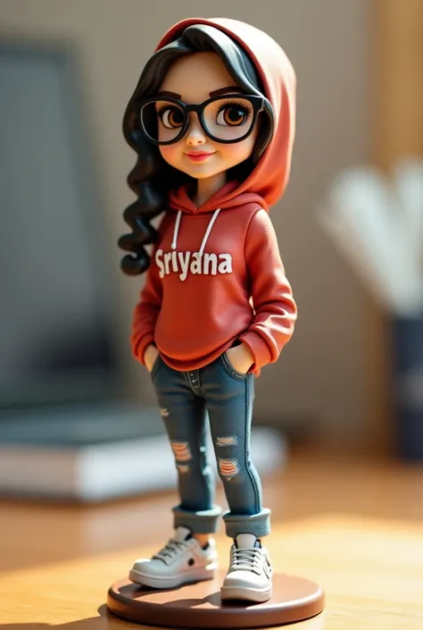 Miniature action figure of a beautiful Indonesian woman, her beautiful eyes, black-rimmed glasses, wearing a hijab, wearing a long sweater with the words "Sriyana", jeans, sports shoes, complete with accessories, placed on a table as a display, UHD, 16K, m...