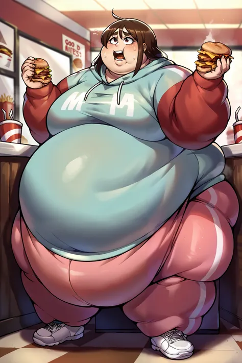 score_9, score_8_up, score_7_up, source_anime BREAK 1girl, solo,   mikap5, brown hair, long hair, brown eyes, wearing hoodie, good up, sweat pants, shoes, hands in hoodie, fat, chubby, obese, gigantic arms and legs, full body shot, morbidly obese, blob, re...