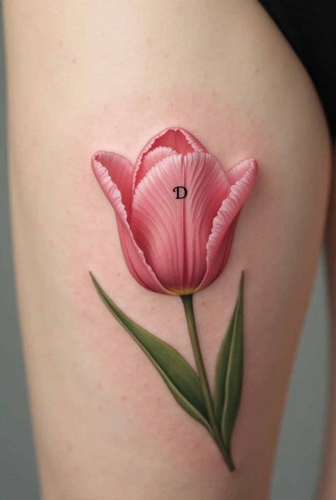 Pink tulip tattoo with a letter D printed on one of the petals, It is important that the letter D is hidden in one of the petals and not visible to the naked eye