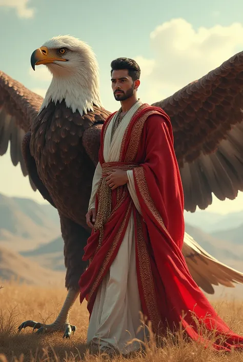 A handsome prince wearing a red and white muslim dress walks with a giant Eagle Bird 