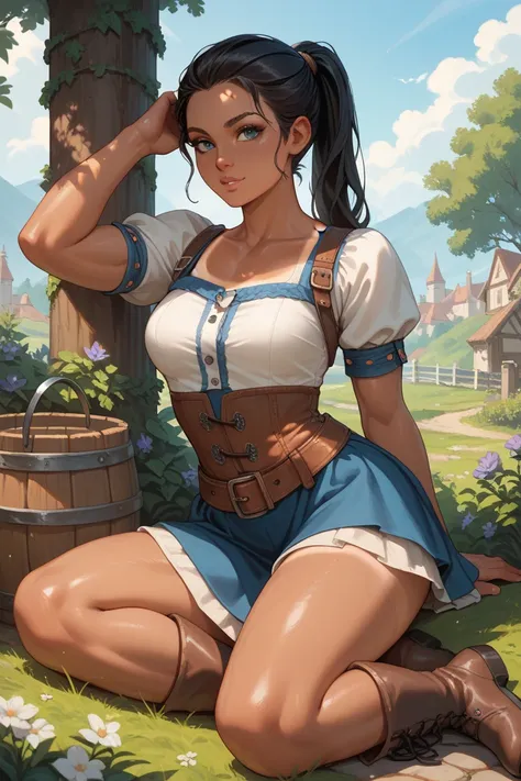 A woman, black hair, ponytail, light muscles, medium breasts, medium hips, tanned skin, tan lines, using a short skirt, short shirt, medieval boots