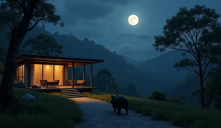 Night view in a tropical rural environment, modern minimalist style house with warm lights on the terrace, a black pig floating/flying on the path, moonlight illuminating the faint mountain background, calm and mystical atmosphere, realistic details, cinem...