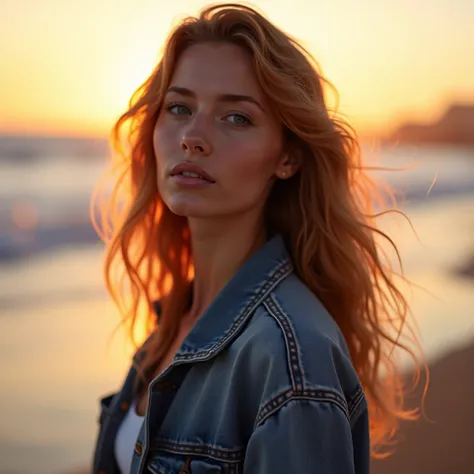 A women weavy long light red hair wearing jeans jacket ,  on the beach sunrise rim light