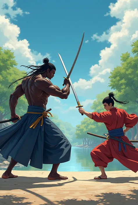 An animated scene of sword training, featuring Yasuke (Black-skinned) fighting against a Japanese warrior. Size 9:16.

