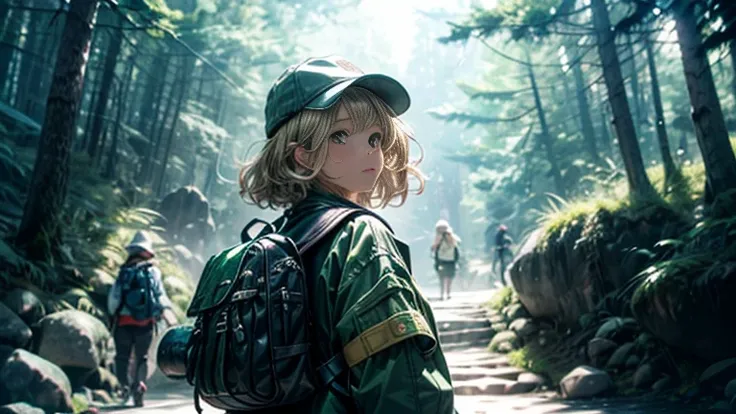   of the highest quality   ,  masterpiece,  1 15-year-old tourist girl , extra large backpack, green jacket unbuttoned , the felt hat slid down before your eyes,  blonde hair, on a hiking trip,   very detailed ,   photorealistic  ,  masterpiece,   unreal e...