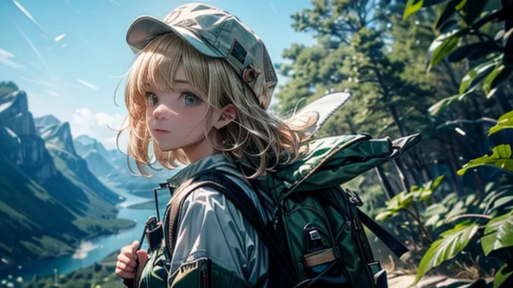   of the highest quality   ,  masterpiece,  1 15-year-old tourist girl , extra large backpack, green jacket unbuttoned , the felt hat slid down before your eyes,  blonde hair, on a hiking trip,   very detailed ,   photorealistic  ,  masterpiece,   unreal e...