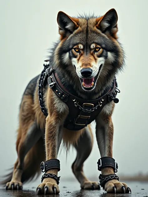 magazine cover: shot with a sharp focus of 2 using Portra 120 film: ferocious Wolf wears bodysuit harness, chains buckles latches studs spikes, wet fur around legs 