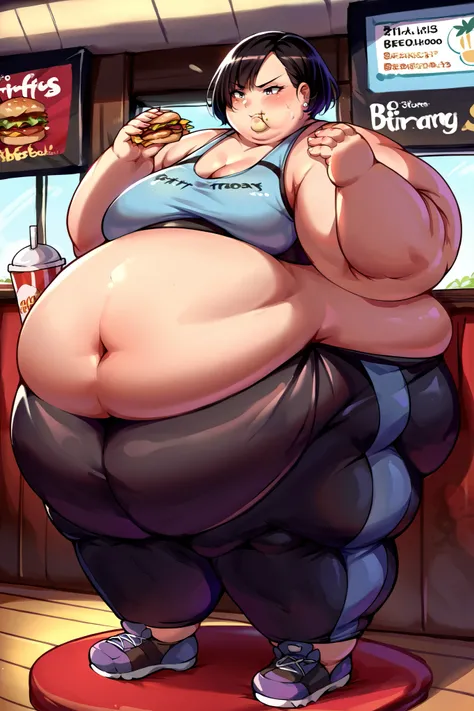 score_9, score_8_up, score_7_up, source_anime BREAK 1girl, solo,   hiraguchip5, short hair, black hair, sports bra, yoga pants, midriff, fat, chubby, obese, gigantic arms and legs, full body shot, sitting in a fast food restaurant, eating 