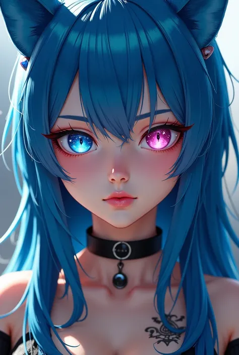 woman about 40 years old, close-up of face, right eye blue, left eye pink, eyes reflecting stars, close-up of eyes, tattoo, big lips, choker, serious face, long blue hair, blue cat ears, blue cat tail, long black nails, very short skirt, black pleated mini...