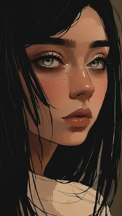 Sensual illustration,  close up portrait of a beautiful Japanese girl with black hair, using chiaroscuro, in the darkness, dark, high contrast between light and shadows (((1.4、Beautiful Eyes) , painting, Matte Paint, John Singer Sargent, by Katsuya Terada、...