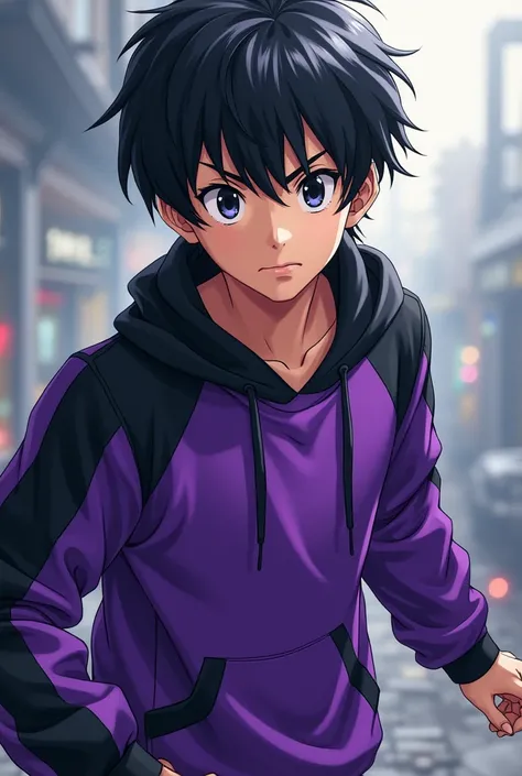 Create an anime-like Shounen image of a black-haired boy with black eyes with and a purple and black sweatshirt 