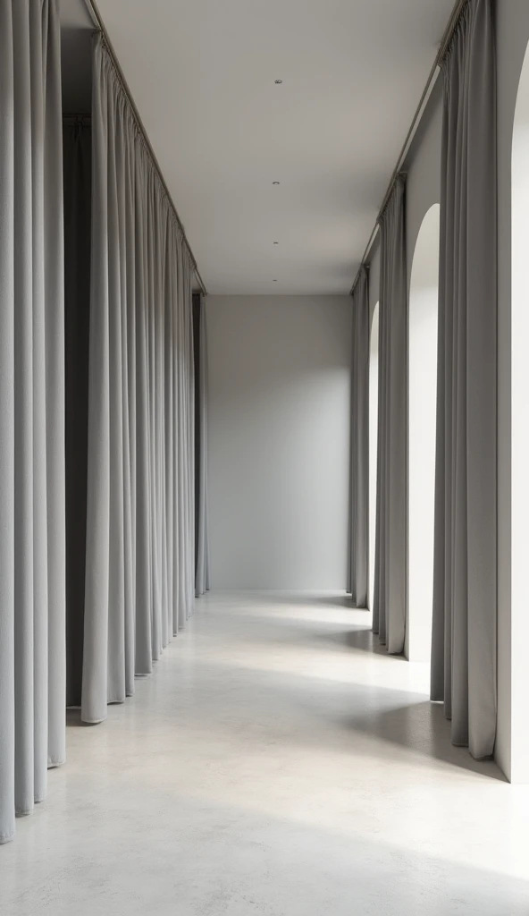 front view, minimalist interior design of a women's fitting room with  large grey curtains, and light grey minimalist modern surfaces, social media composition, UHD, masterpiece, highres
