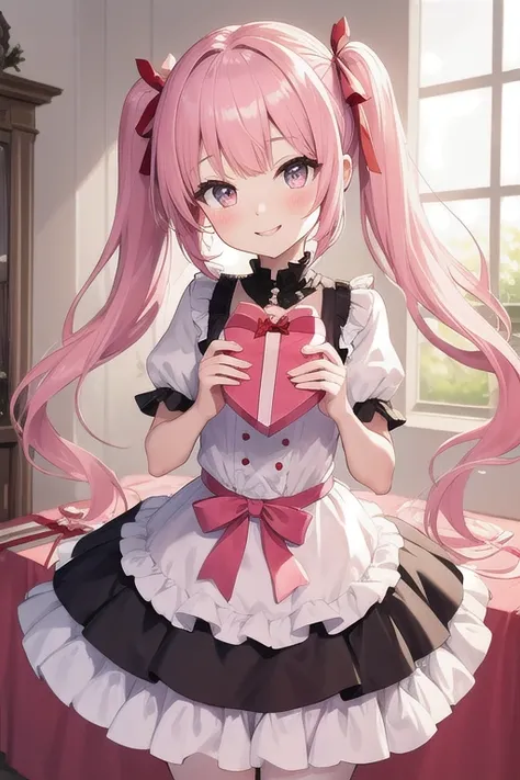 Best quality, high resolution, detailed, beautiful image quality, one girl, cute dress with frills, pale pink dress, pink hair, twin tails, red ribbon in hair, lolicon feel, smiling face, pink and dreamy atmosphere, heart and gift box in background, white ...