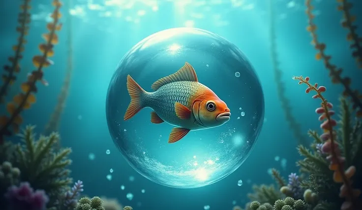 A real picture of a fish in a round container like an orb that you pulled out of a glass door that's underwater in the sea.