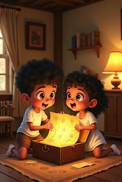 A cozy grandmother's room filled with antique furniture and warm lighting. Ali, a cute young boy with short, curly black hair, big expressive brown eyes, a gentle smile, wearing a white shirt and brown shorts, and Zainab, a cute young girl with short, curl...