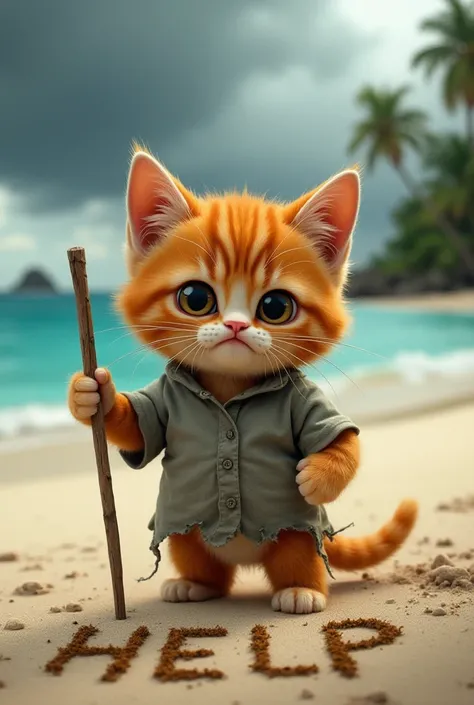 The orange kitten is on a sandy beach, using a stick to write "HELP" in the sand.
The expression appears sad and desperate, with drooping ears and a slightly hunched posture.
The background features a stormy sky with dark clouds, an ocean with small waves,...