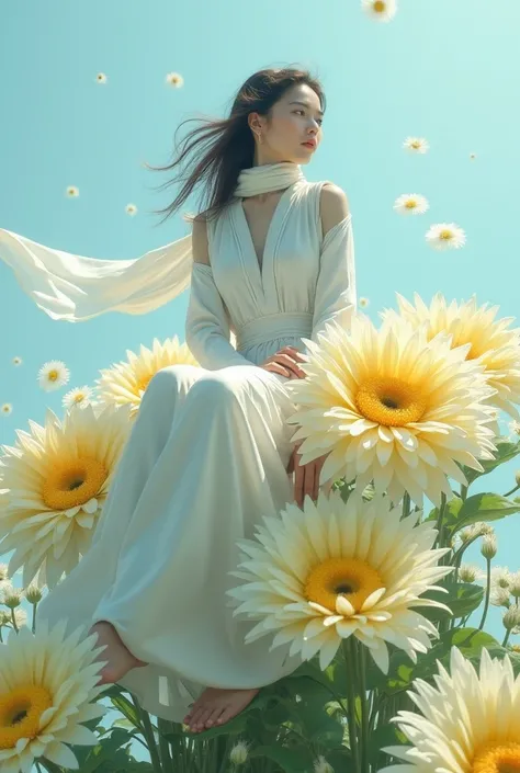  The image is a digital artwork,  that looks like an image of a woman , sitting on a giant aster.  x} The woman was wearing a long white dress with a scarf around her neck ,  that fluttered in the wind .  She was sitting on ,  that are arranged in such a w...