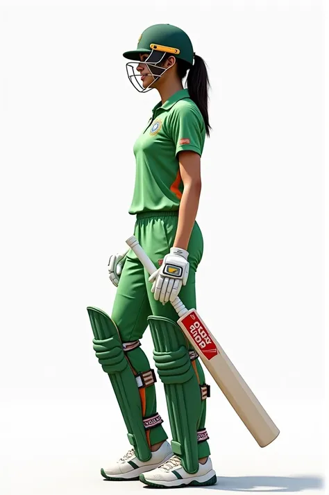  indian Cricket girl, wearing green white uniform, side angle, Full body shot, white background, hyper-detailed, photorealistic, 8k, HD 