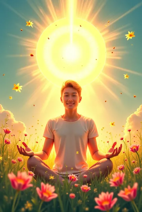 person surrounded by bright, positive symbols, such as sunshine, flowers, or stars, representing self-care and joy.