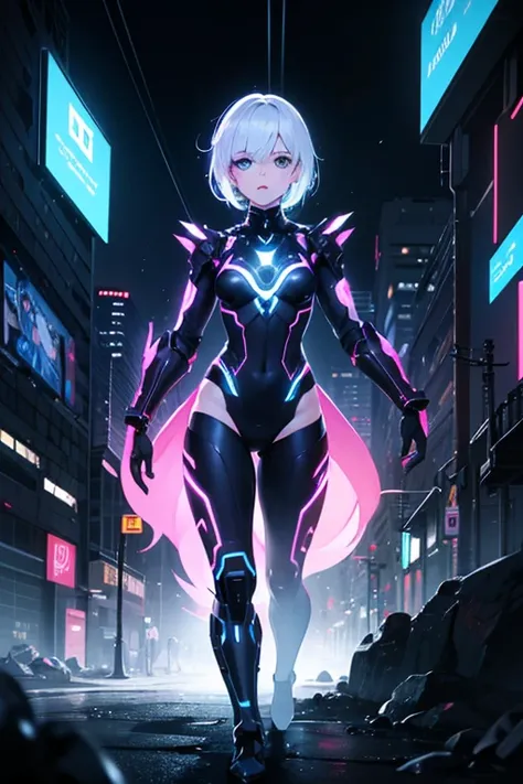  purple neon smudges a mysterious glow in the rain ，Heterochromia（ Left eye crimson like lava / Right eye ice blue like deep sea ）， with full of holographic particles ， with tiny particles of holographic light 。 wearing tight futuristic silver battle armor...