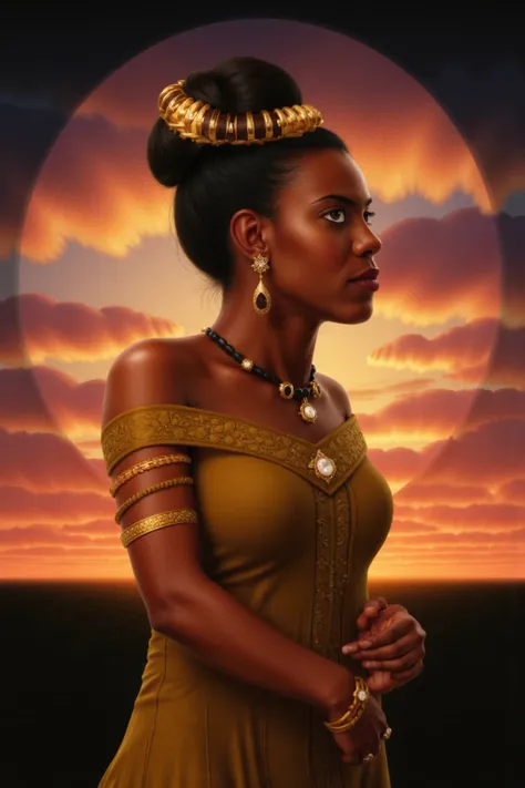 Beautiful african american goddess in front of a sunset 