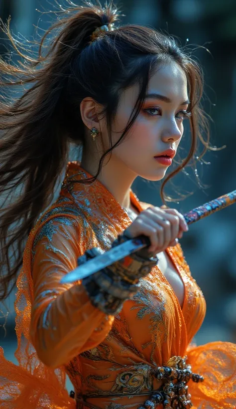 A woman with ponytrail in a transparent silk orange and blue Bodysuit, with silk sleeves, feetcam, in a hand a sword, worror, fighter, detailed facial features, long eyelashes, beautiful detailed eyes, beautiful detailed lips, extremely detailed face, dyna...