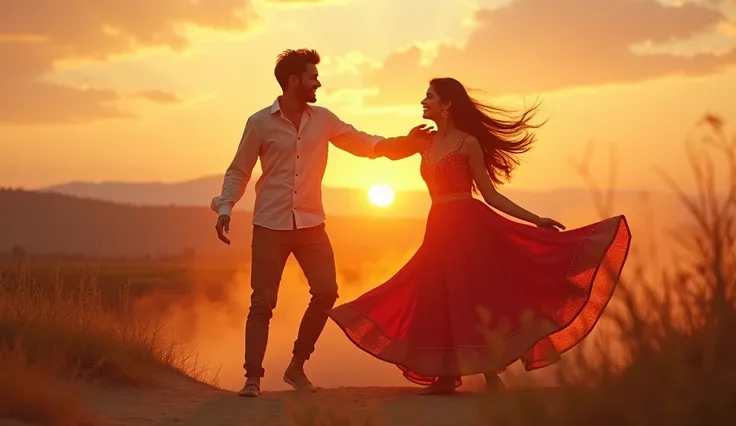 The beach or open field at sunrise.
The indian couple dances joyfully, spinning and laughing, embracing the moment fully.
The camera spins around them, catching the full view of the sunrise in the background.
The scene glows with golden and pink light, wit...