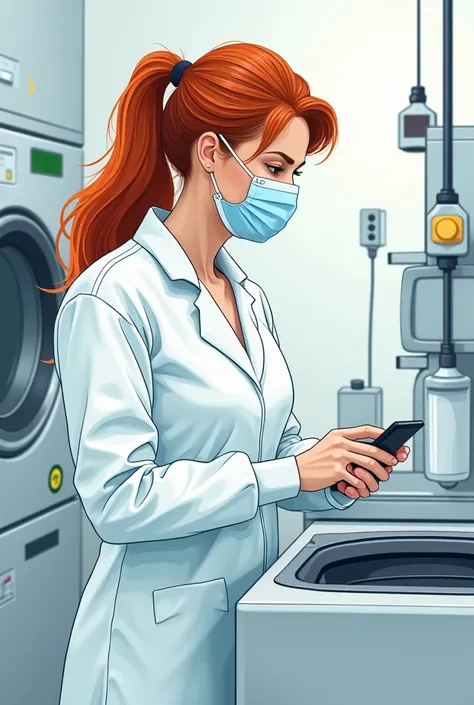 J'aimerais créer une fille rousse, en tenue de Tyvek et avec un masque sur la bouche, qui travaille sur un autoclave/stérilisateur dans la pharma, avec un style de dessin simple et non-réaliste.