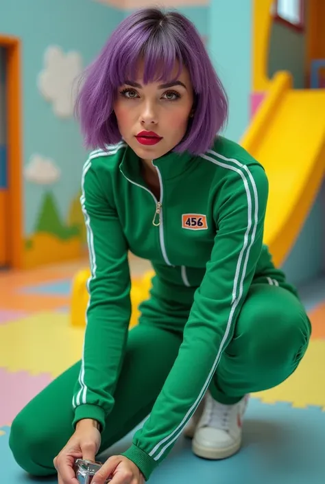  A full-length Spanish woman with Deep-purple bob hair  ,eyeliner alato, eye shadow on the eyelid ,  natural color ,  full and well-defined lips bright red lipstick ,  shiny texture ,  sitting on the ground with their legs crossed ,  wearing a green sports...