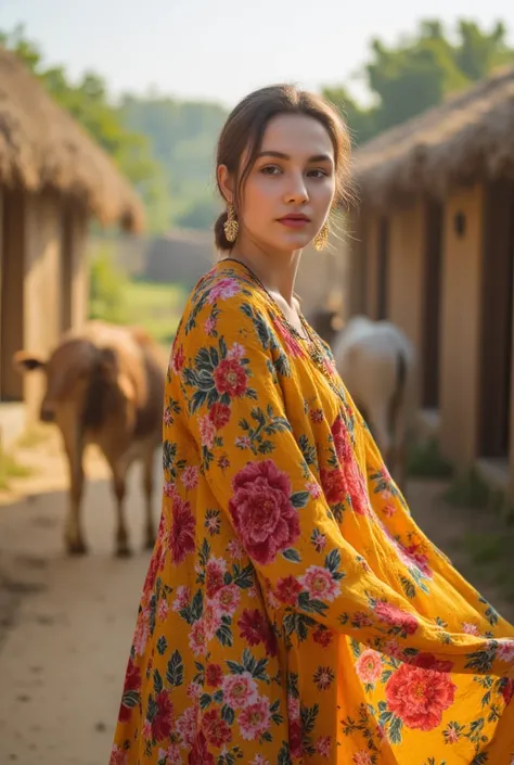 24 year girl wearing pakistani salwar plazzo in indian village not modern village rural vibe with cattles 