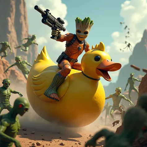 Groot wears orange spacesuit, In hand there is a machine gun., Riding a big yellow duck,  fighting a horde of scary green body zombies