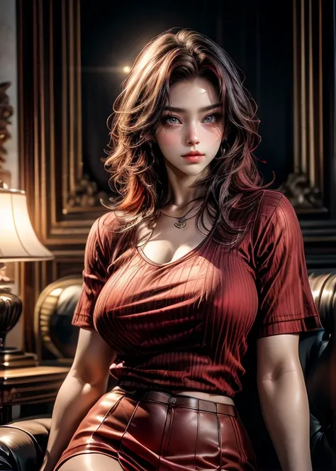 best quality, masterpiece, realistic image, intricate details, raw photo, ultra detailed, long blood red hair, young woman, with expensive top shirt and short mini skirt, sexy clothes , light skinned, black eyes, no necklines, long blood red hair, perfect ...