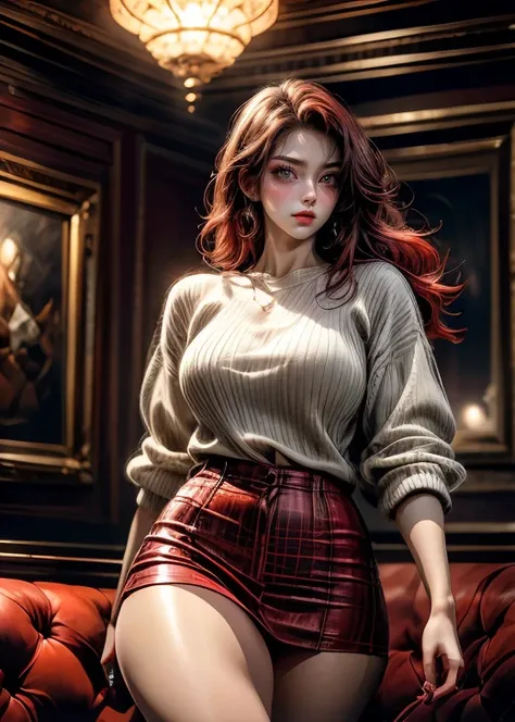 best quality, masterpiece, realistic image, intricate details, raw photo, ultra detailed, long blood red hair, young woman, with expensive top shirt and short mini skirt, sexy clothes , light skinned, black eyes, no necklines, long blood red hair, perfect ...