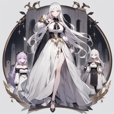 Has long hair, thick silver hair, pale purple eyes, fair skin, well-shaped breasts, and long legs、They are dressed like medieval aristocrats、Illustration of only one age girl with good style