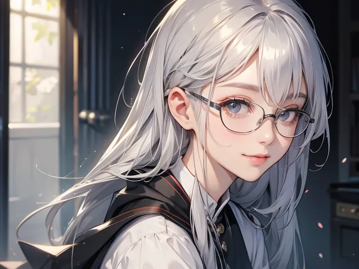  silver haired woman、Glasses、 Quiet Smile 